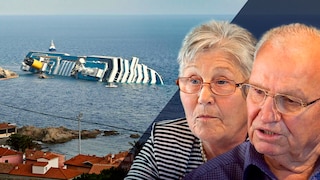 Ein Mann und eine Frau vor der sinkenden Costa Concordia