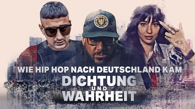 Die Rapper*innen (v.l.) Hafbefehl, Moses Pelham und LIZ vor der Frankfurter Skyline. Text: Wie Hip Hop nach Deutschland kam - Dichtung und Wahrheit
